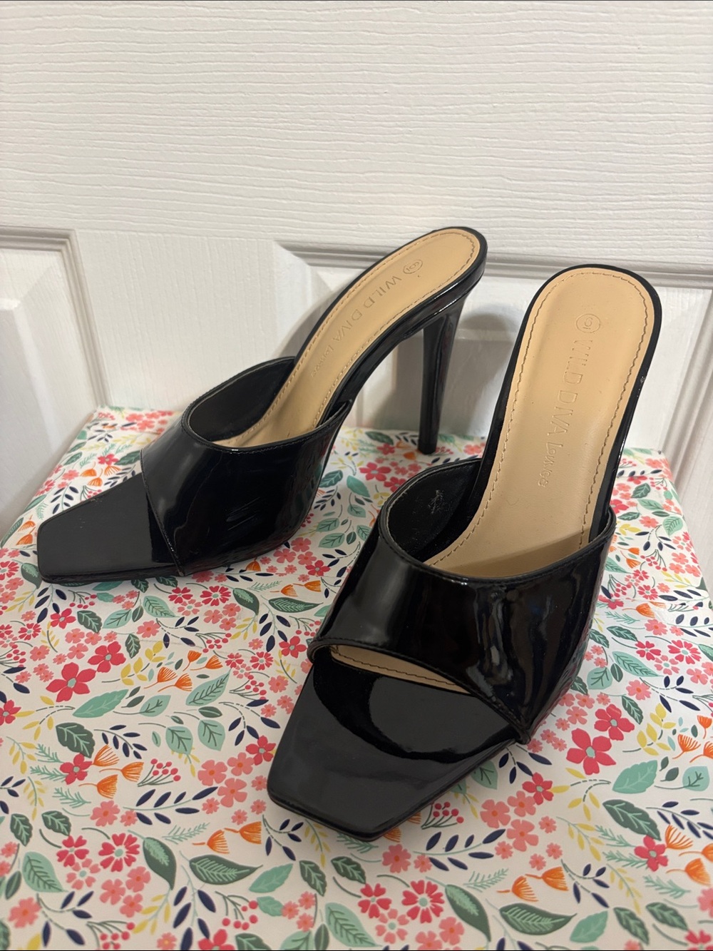 Wild Diva Black Patent Square-Toe Slide Heels